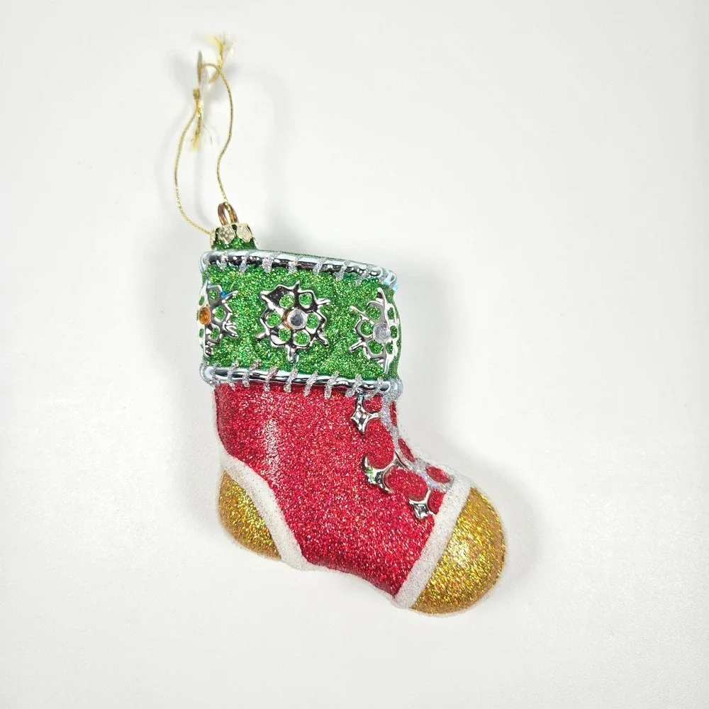 NICE Blown Glass Christmas‎ Ornament Stocking Glitter Sparkle Bejeweled Costco
